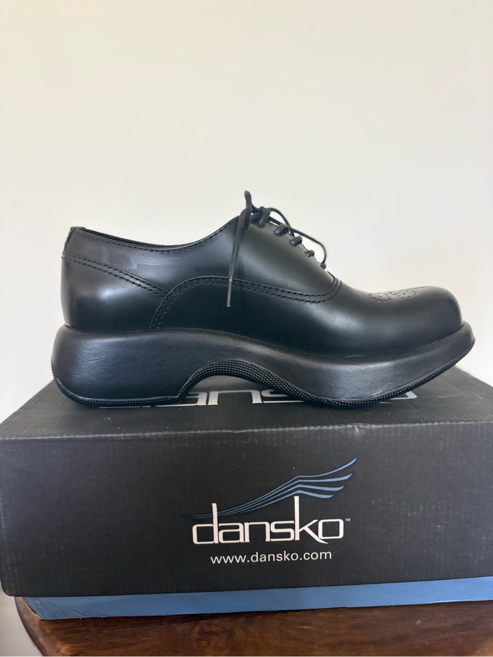 Dansko Black Leather Lace-Up Oxfords with Perforated Toe